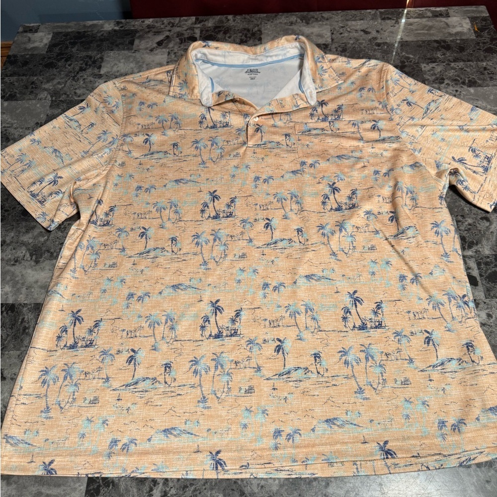Izod Men's Polo Shirt - Beige and Blue Tropical Print